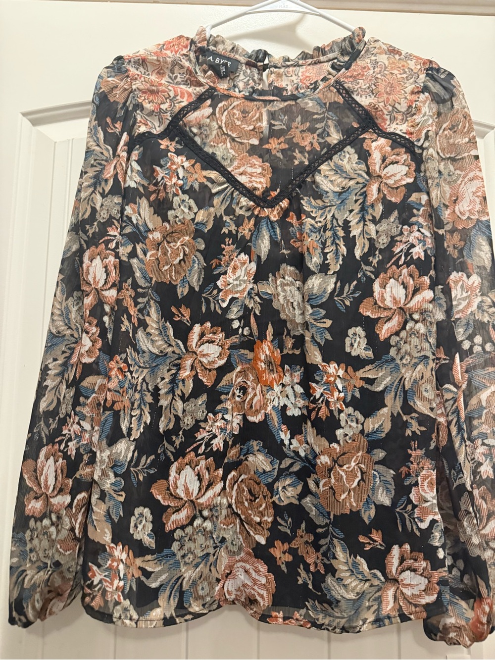 ALYJE Floral Sheer Blouse in Navy with Peach and Cream Flowers